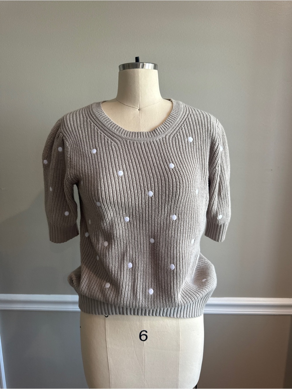 DownEast Taupe Knit Crewneck Sweater with White Dot Accents